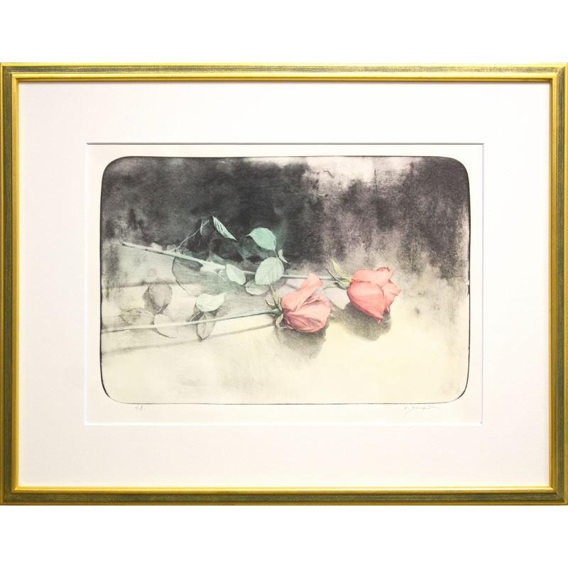 藤井 勉 「 二輪 」 リトグラフ ( 石版画 ) + 手彩色 版画 絵画 バラ