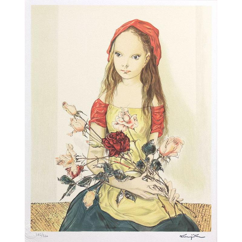 藤田嗣治 「 バラを持つ少女 」 リトグラフ 版画 版画 絵画 洋画