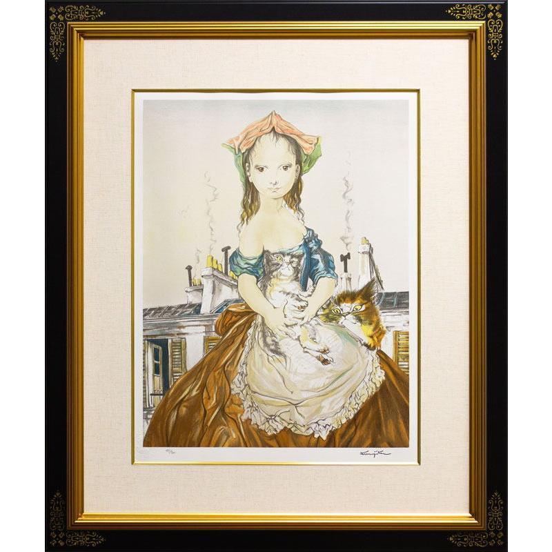 藤田嗣治 「 パリの屋根の前の少女と猫 」 リトグラフ 版画 : 内田画廊