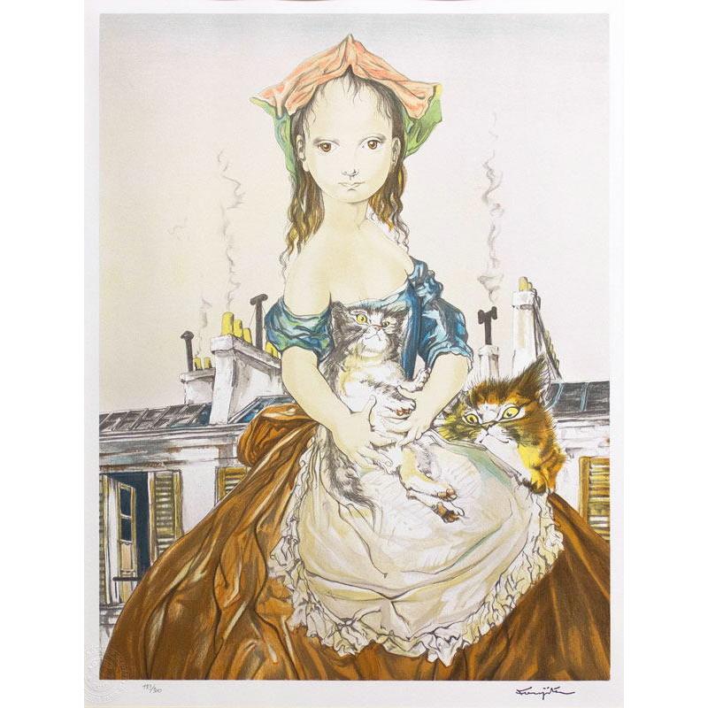 藤田嗣治 「 パリの屋根の前の少女と猫 」 リトグラフ 版画 : 内田画廊