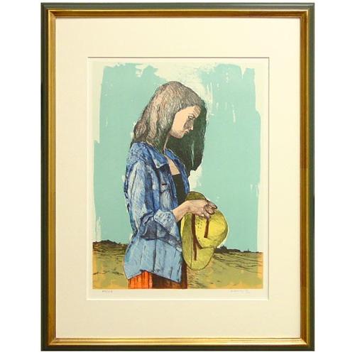 大津英敏 『帽子を持つ少女』 リトグラフ（石版画） : p2-3103-s5  