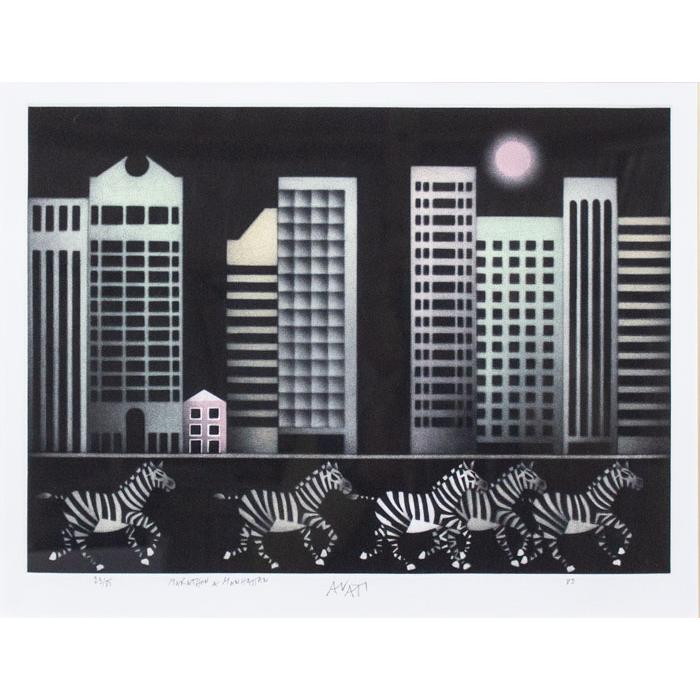 マリオ アバチ 『マンハッタンのマラソン』 メゾチント(銅版画