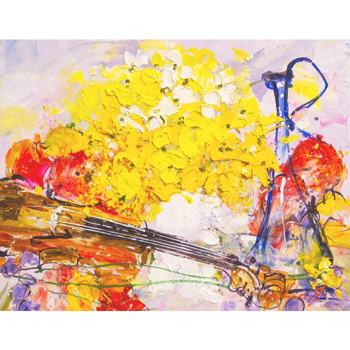 池田秀郎　『ヴァイオリンと花』　油絵・油彩画 　F6（6号）　　絵画 洋画 黄色い花 楽器 バイオリン 送料無料