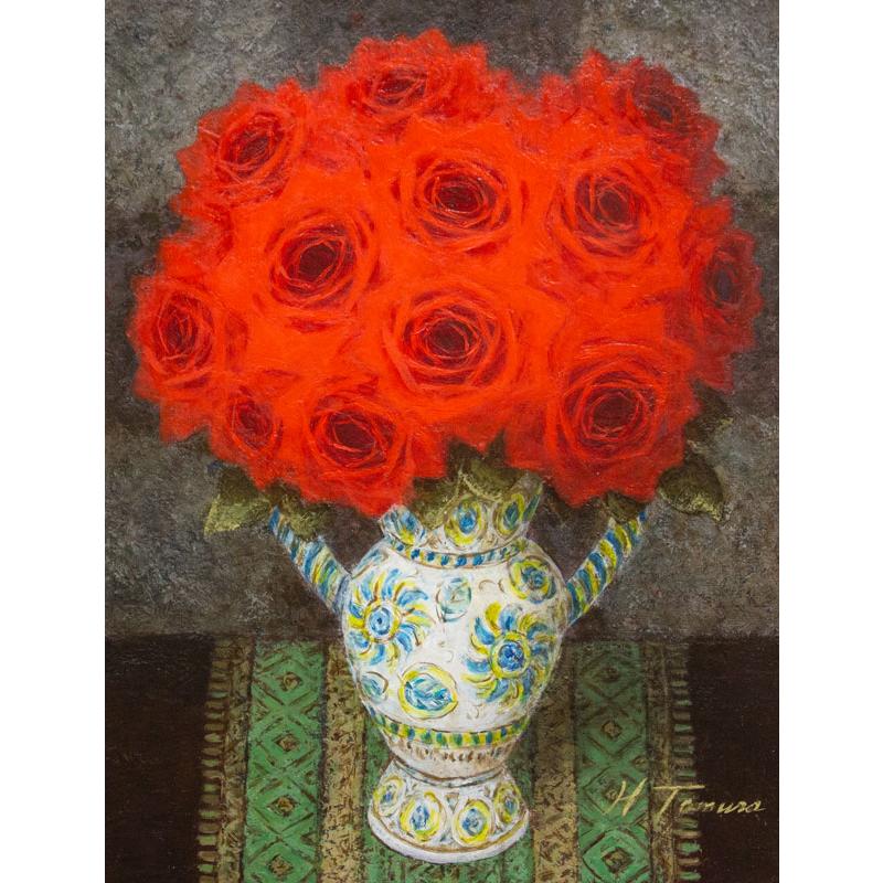 田村 一 「 スペイン壷と赤い薔薇 」 油絵 ・ 油彩画 F6 ( 6号 田村 一 「 スペイン壷と赤い薔薇 」 油絵 ・ 油彩画 F6 ( 6号