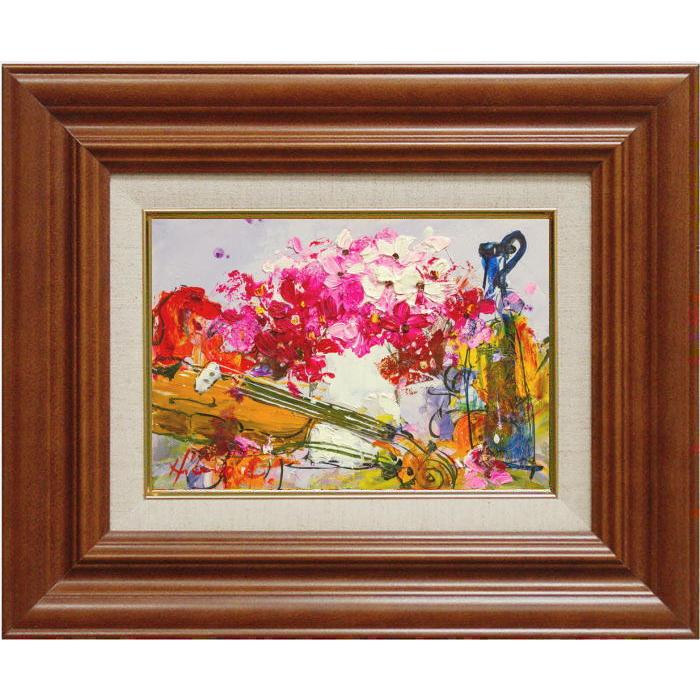 池田秀郎 『バイオリンと花』(ピンク) 油絵・油彩画 SM(サムホール