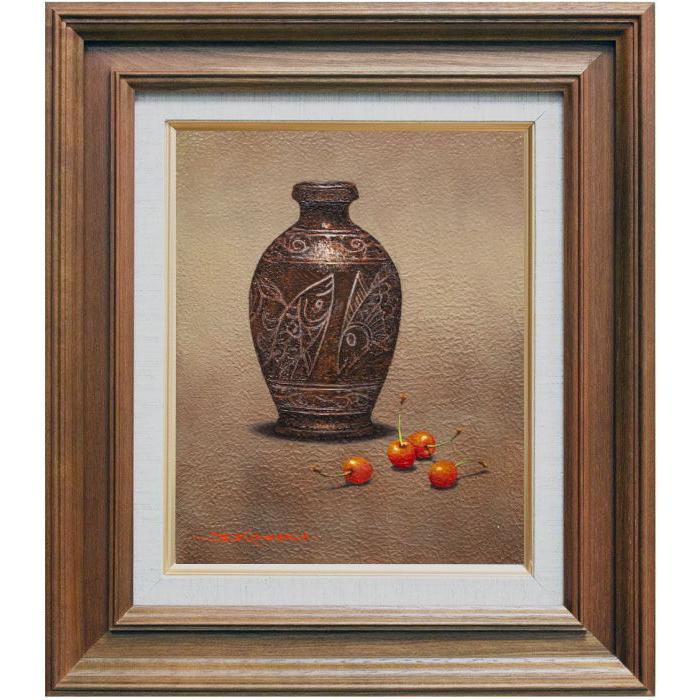 小阪正次 『壺屋徳利とサクランボ』 油絵・油彩画 F3(3号) 絵画 小阪正次 『壺屋徳利とサクランボ』 油絵・油彩画 F3(3号) 絵画