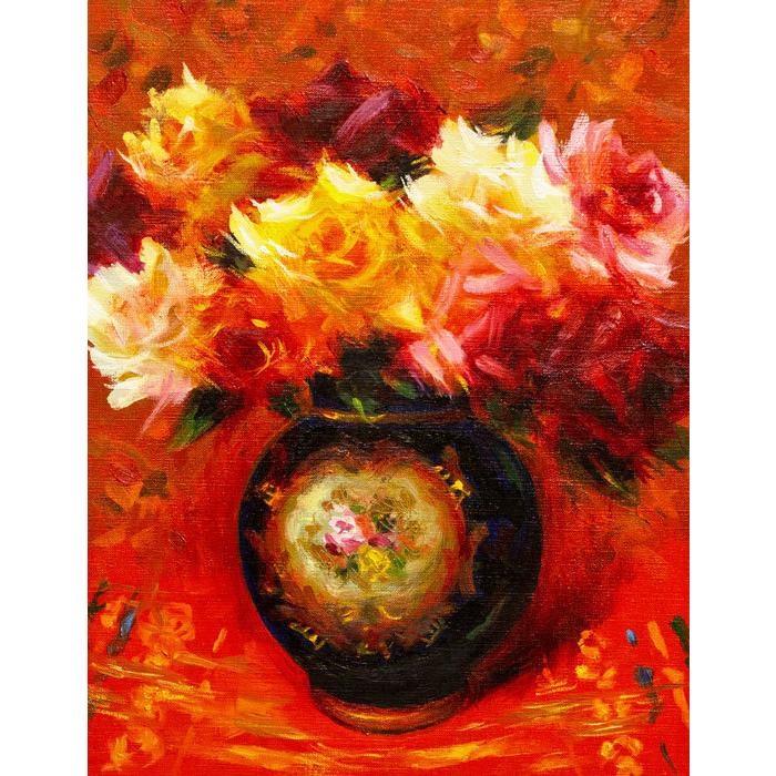 山本彪一 『青い壺の薔薇』 油絵・油彩画 F6(6号) 絵画 肉筆 花 山本彪一 『青い壺の薔薇』 油絵・油彩画 F6(6号) 絵画 肉筆 花
