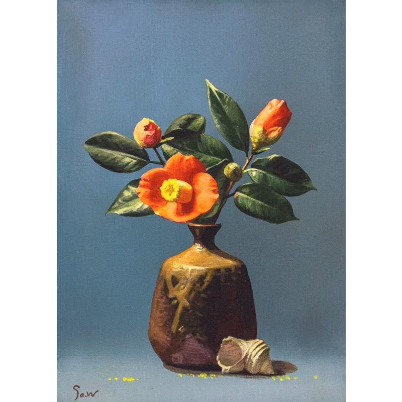 渡辺三郎「 椿と備前 」 油絵・油彩画 F4 ( 4号 ) 絵画 洋画 渡辺三郎「 椿と備前 」 油絵・油彩画 F4 ( 4号 ) 絵画 洋画