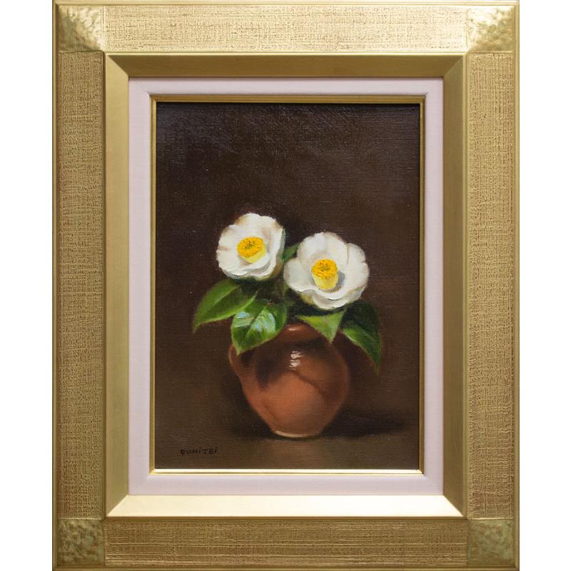 五味悌四郎 「 白玉椿 ( フランス壺 ) 」 油絵・油彩画 F4 4号 ) 絵画