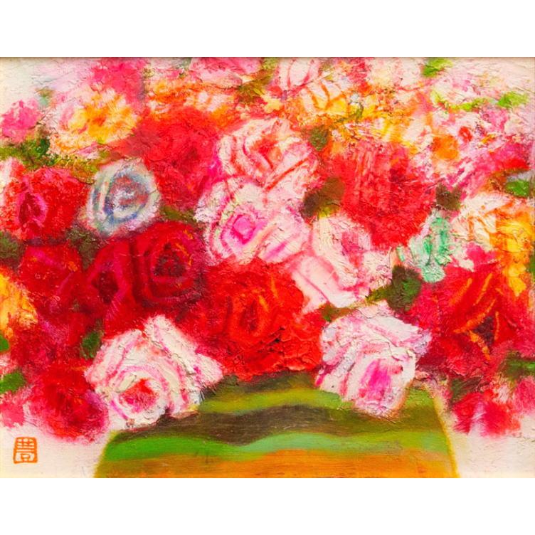 佐々木 豊「 薔薇 」 油絵 油彩画 F3 ( 3号 )     絵画 洋画 肉筆 手描き 花 静物 バラ 薔薇 華やか 鮮やか 明るい カラフル 送料無料の画像
