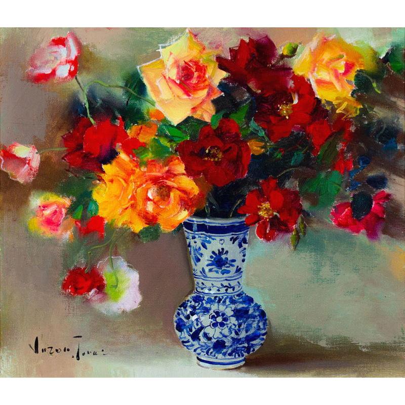 寺井重三「 薔薇とデルフトの壺 」 油絵 油彩画 F10 ( 10号 ) 絵画