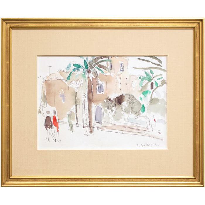 石垣定哉 「 アッシカステーロの広場 」 水彩画 絵画 洋画 肉筆 石垣定哉 「 アッシカステーロの広場 」 水彩画 絵画 洋画 肉筆