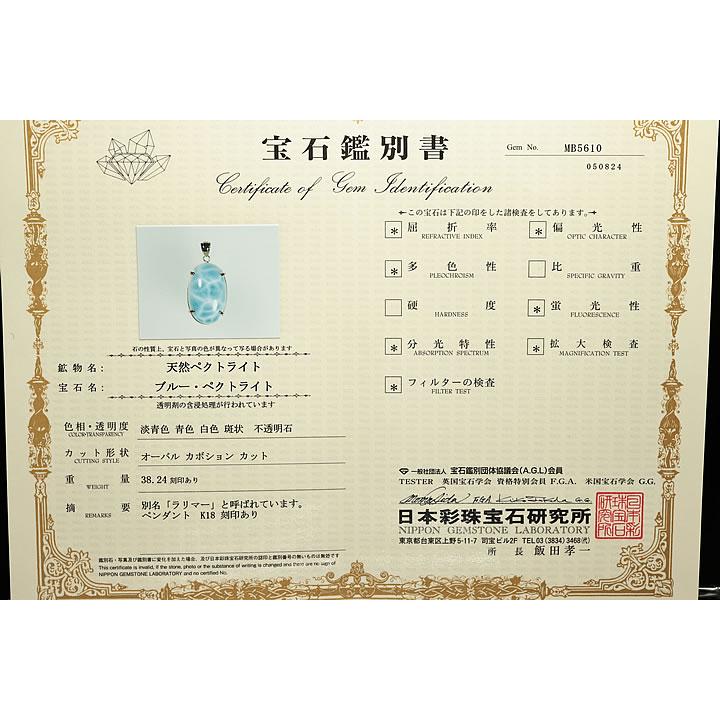 38.24ctラリマーペンダントトップ K18 ファイナルグレード++++ 鑑別書 