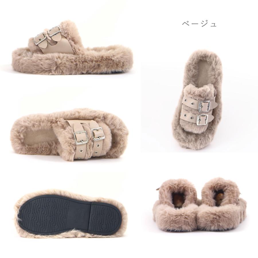 レディース サンダル ダブルベルトファーサンダル もこもこ ふわふわ