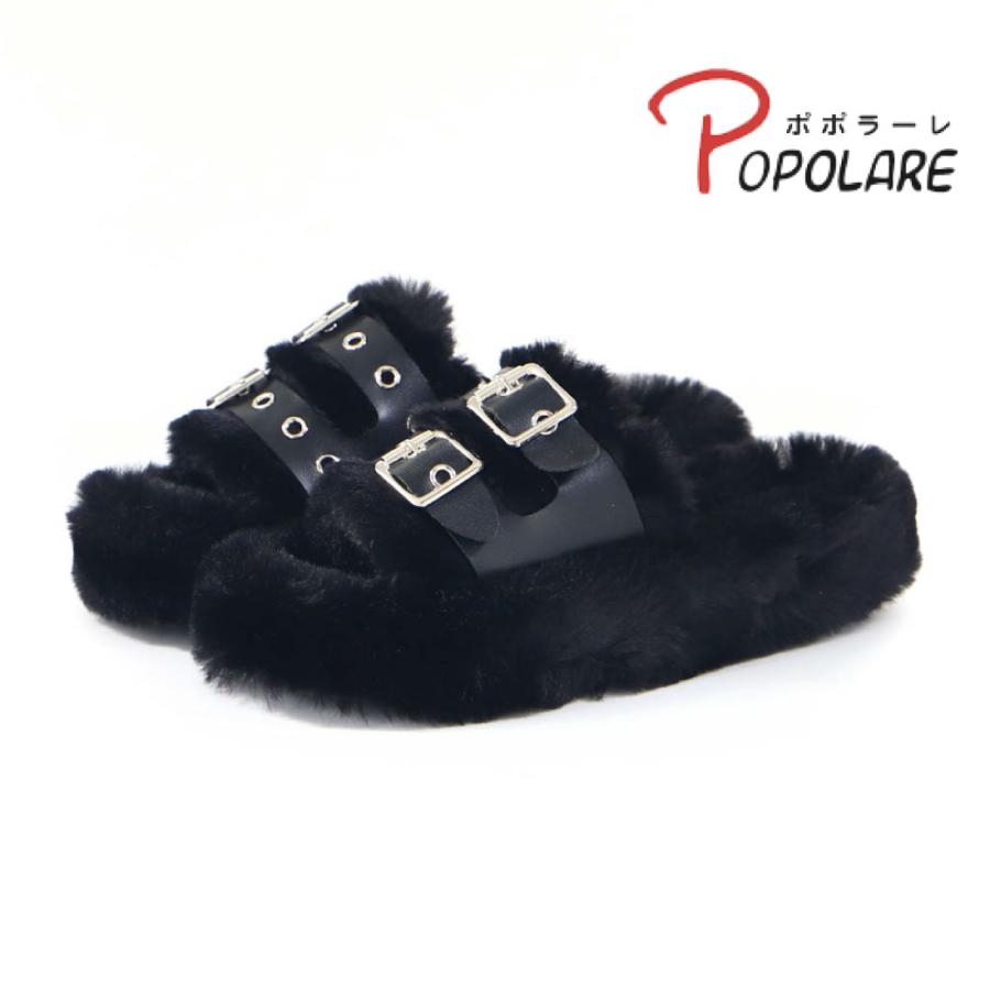 レディース サンダル ダブルベルトファーサンダル もこもこ ふわふわ