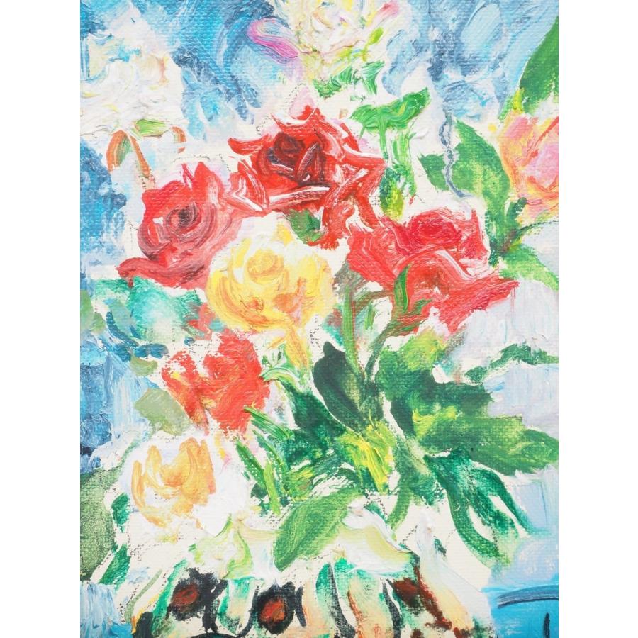 真作】【渡鹿庵】[赤星宣利] 8492 絵画 油彩画 「ばら」 SM 花鳥図