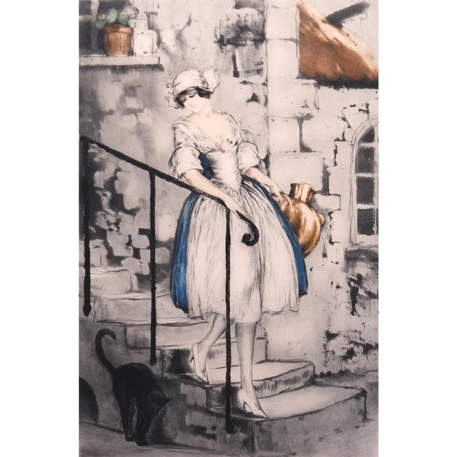 ルイ・イカール ミルクメイド 人物画 女性像 黒猫 美人画 動物画 階段 1月11日まで展示 作家直筆サイン 版画 絵画 真作保証 |  | 01