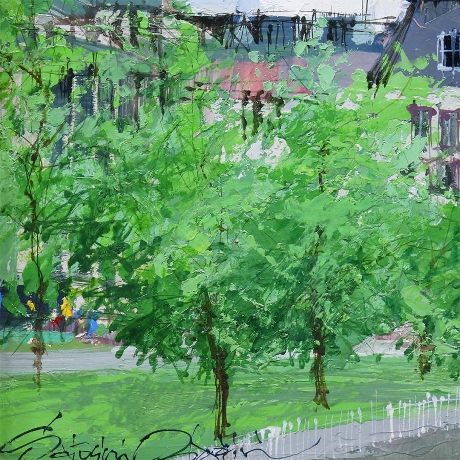 油彩画 「川沿いの小道」 小田切訓 川沿いの道 油彩4号 風景画 運河 大聖堂 ドイツ 解説あり