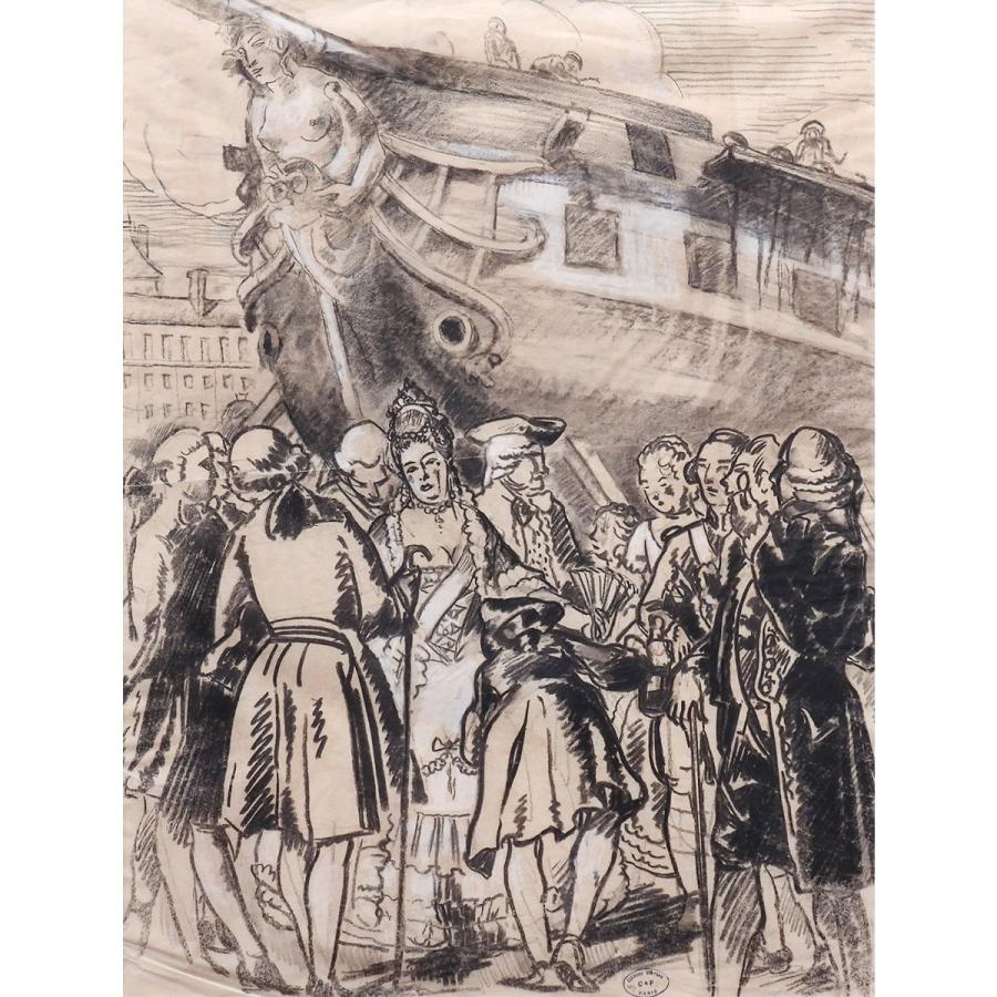 クレマン・セルヴォー 帆船と群像 紙にパステル 人物画 フランス 1900年前半 美術品 解説あり アート 原画 絵画 真作保証 値下げ交渉可能_1