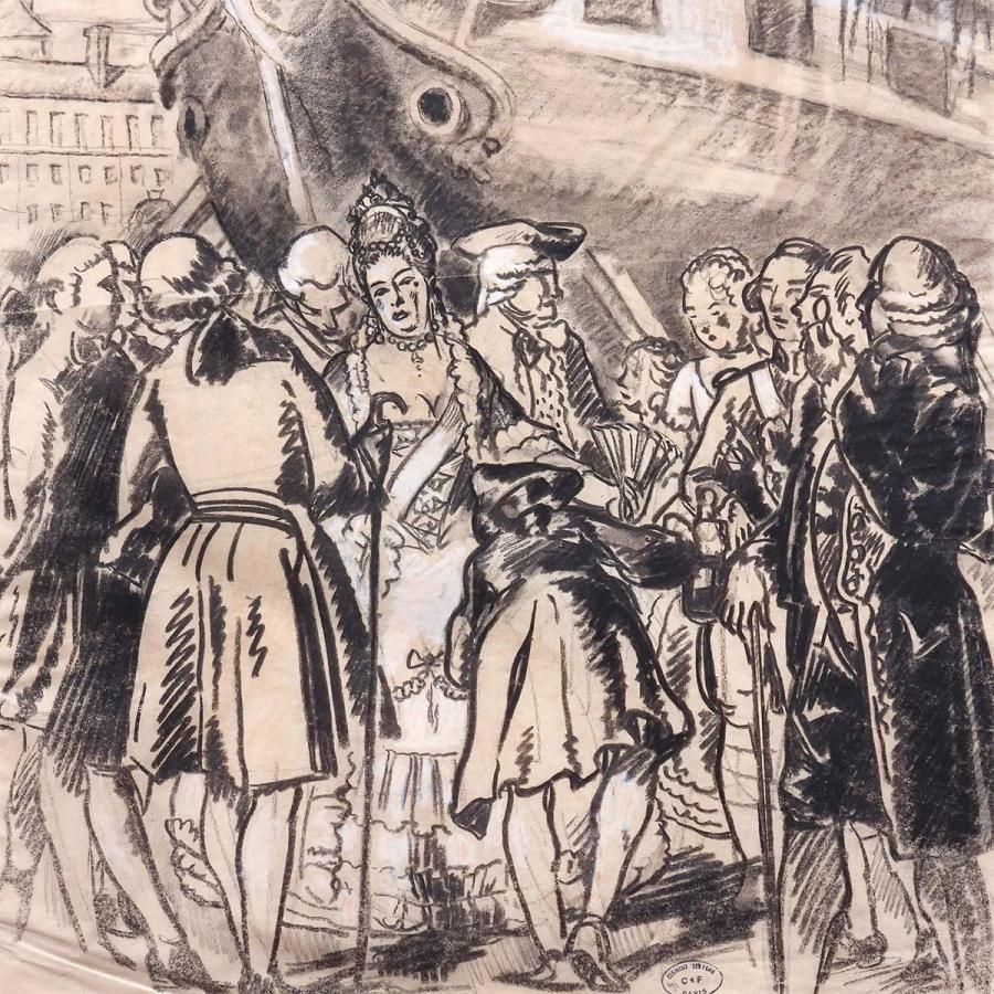 クレマン・セルヴォー 帆船と群像 紙にパステル 人物画 フランス 1900年前半 美術品 解説あり アート 原画 絵画 真作保証 値下げ交渉可能_4