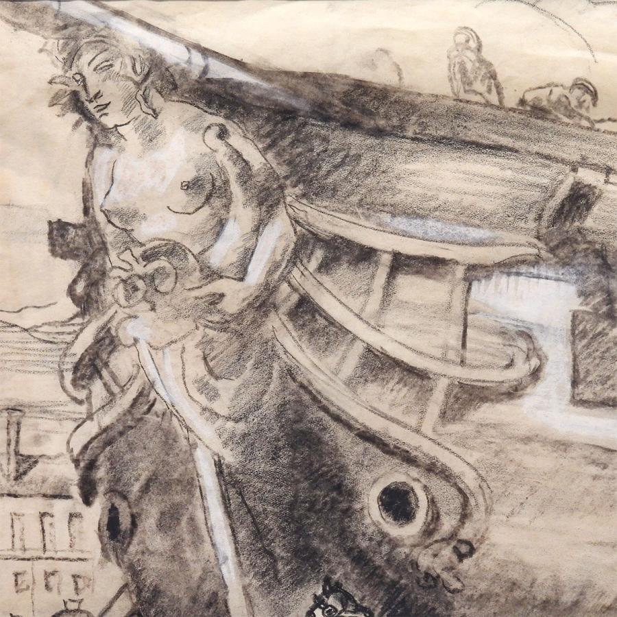 クレマン・セルヴォー 帆船と群像 紙にパステル 人物画 フランス 1900年前半 美術品 解説あり アート 原画 絵画 真作保証 値下げ交渉可能_5