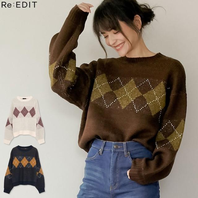 トップス レディース ニット セーター アーガイル柄 アーガイル模様 ひし形 長袖 1309 Reedit リエディ 通販 Yahoo ショッピング