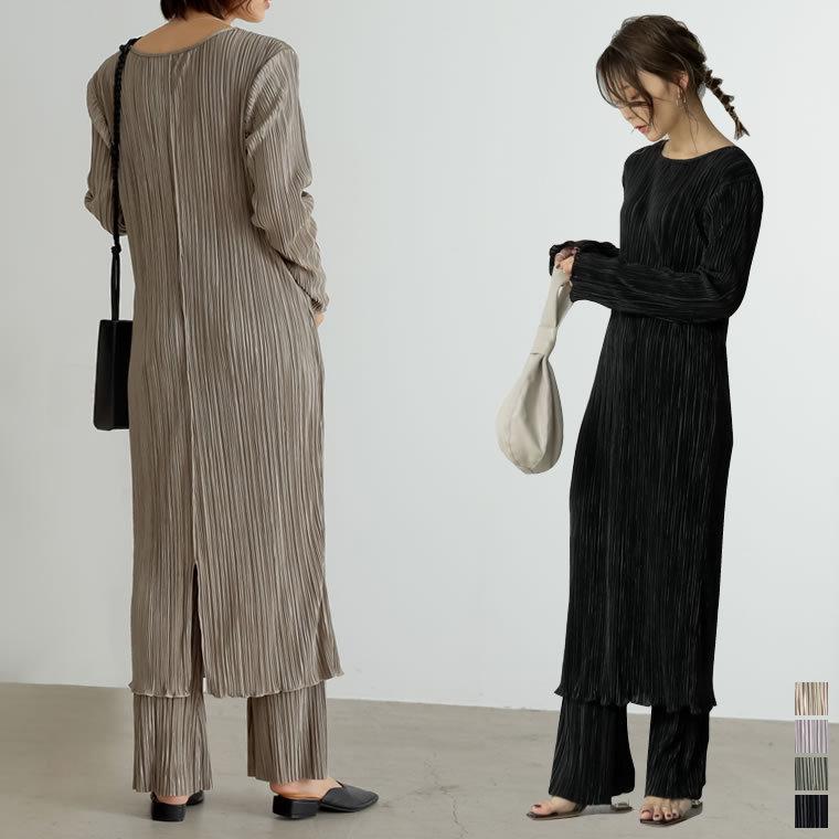 ワンピース レディース プリーツワンピース グロッシーサテンプリーツ 長袖 ロング丈 Uネック 低身長向け セットアップ 21春 Reedit リエディ 通販 Yahoo ショッピング