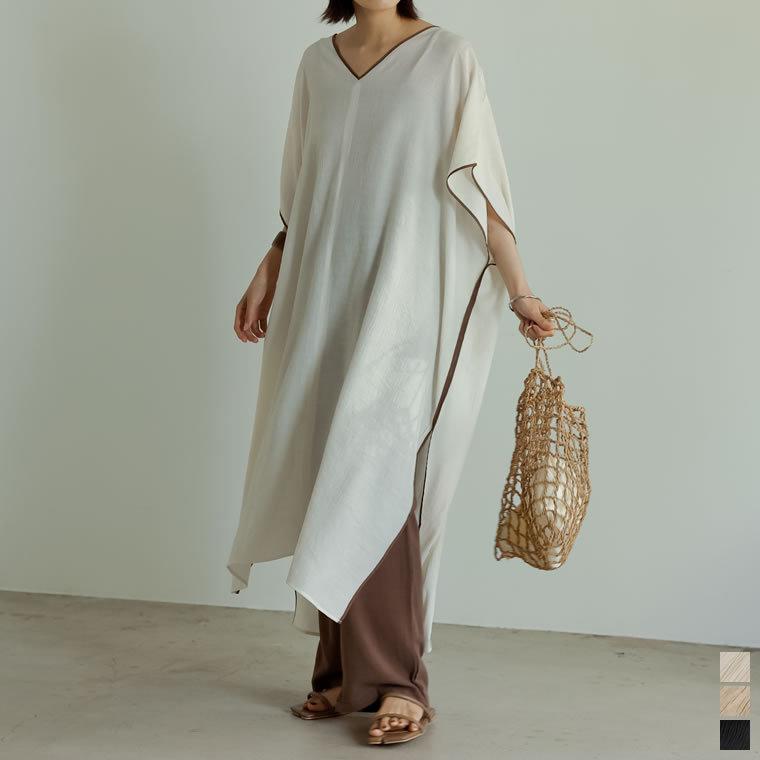 カフタンワンピース レディース ワンピース パイピングワンピース ロング丈 5分袖 Vネック Reedit リエディ 通販 Yahoo ショッピング