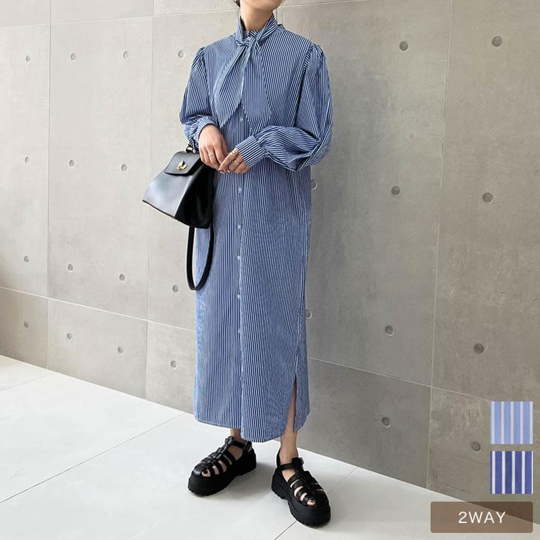 ワンピース レディース シャツワンピース ロング丈 2way ボリュームスリーブ タイ付き 低身長向け 22春夏 Reedit リエディ 通販 Yahoo ショッピング
