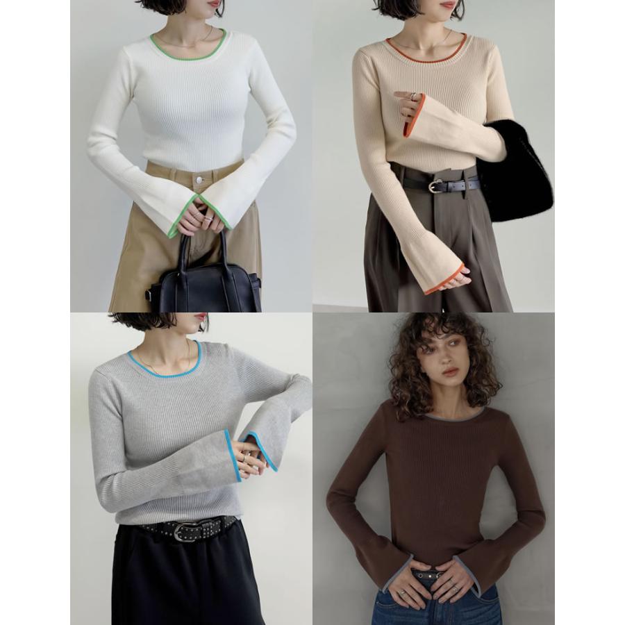 【まとめ買い】 ニット トップス セーター 長袖 レディース 11色 M/L リブニット 袖フレア 配色 カラーニット クルーネック 2025秋冬[mb] | Re:EDIT | 21
