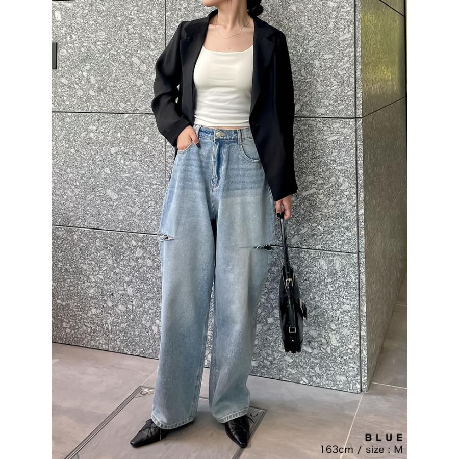 デニム ジーンズ レディース パンツ 低身長 高身長 ストレート サイドスリット ダメージ加工 ポケットあり 春夏 | Re:EDIT | 19