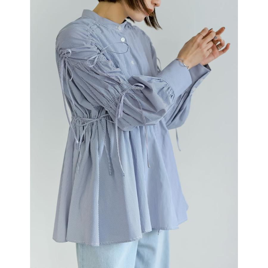 Re:EDIT ストライプシャツ バンドカラー リボン ギャザー