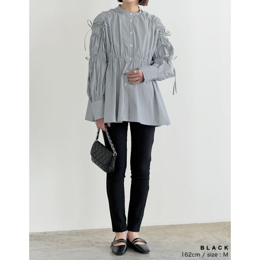 Re:EDIT ストライプシャツ バンドカラー リボン ギャザー