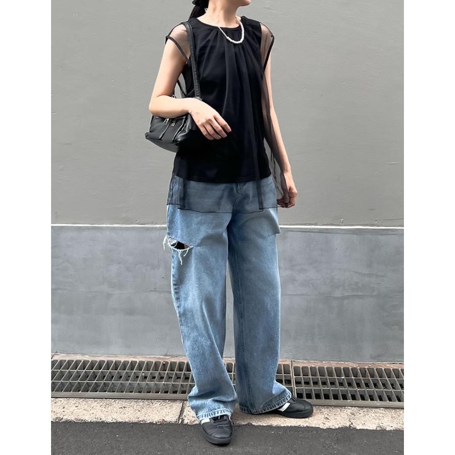 チュール レディース トップス ノースリーブ フレンチスリーブ シアー レイヤード タンクトップ ギャザー 透け感 2024春夏[mb] | Re:EDIT | 12