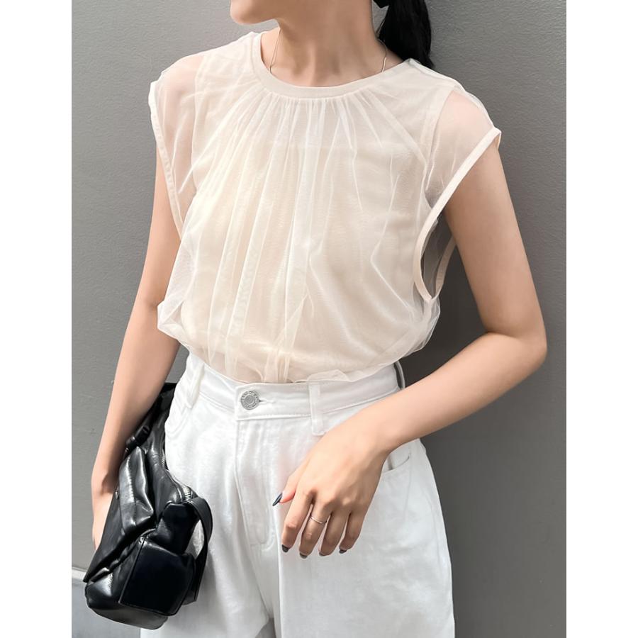 チュール レディース トップス ノースリーブ フレンチスリーブ シアー レイヤード タンクトップ ギャザー 透け感 2024春夏[mb] | Re:EDIT | 03
