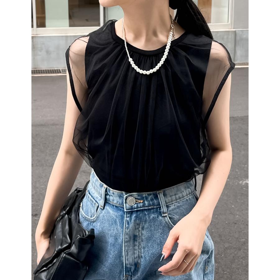 チュール レディース トップス ノースリーブ フレンチスリーブ シアー レイヤード タンクトップ ギャザー 透け感 2024春夏[mb] | Re:EDIT | 04