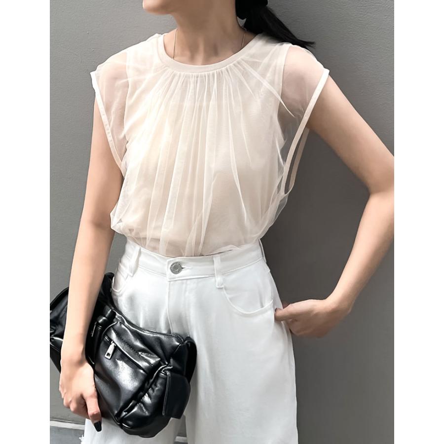 チュール レディース トップス ノースリーブ フレンチスリーブ シアー レイヤード タンクトップ ギャザー 透け感 2024春夏[mb] | Re:EDIT | 08