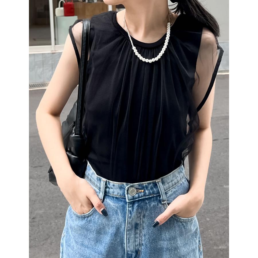 チュール レディース トップス ノースリーブ フレンチスリーブ シアー レイヤード タンクトップ ギャザー 透け感 2024春夏[mb] | Re:EDIT | 11