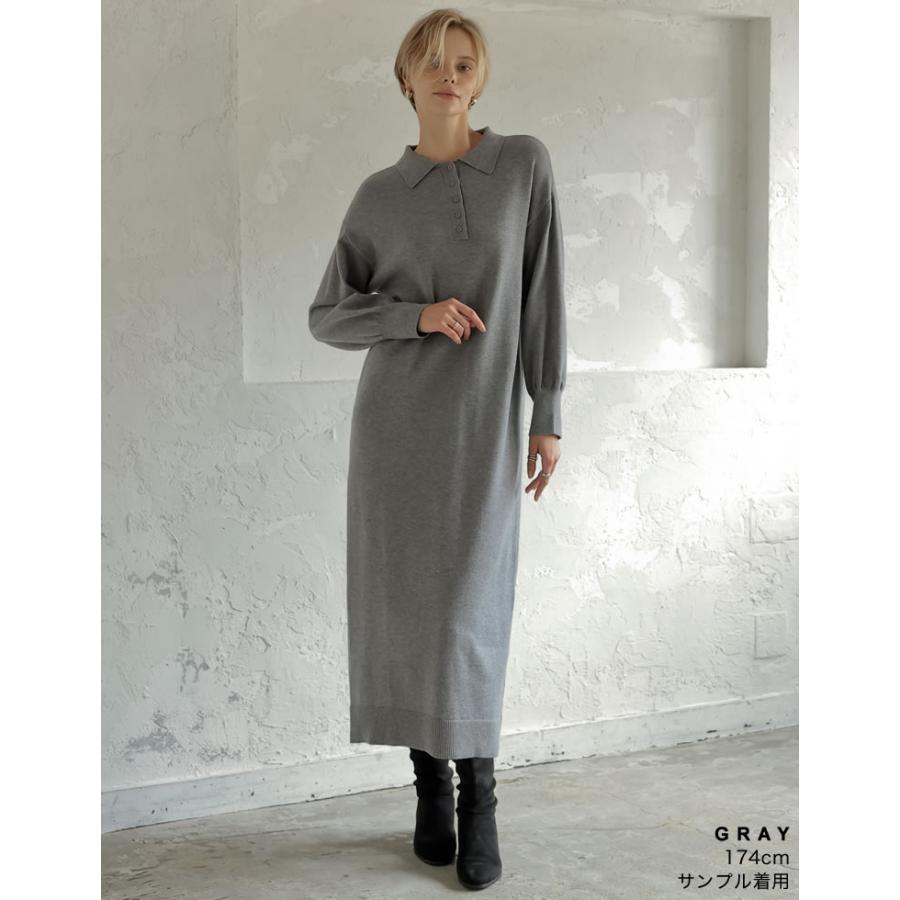 Curensology ラナボクシーニットワンピース　グレー　ロング丈 新品 Curensology ニット パールフロントニットワンピース グレー