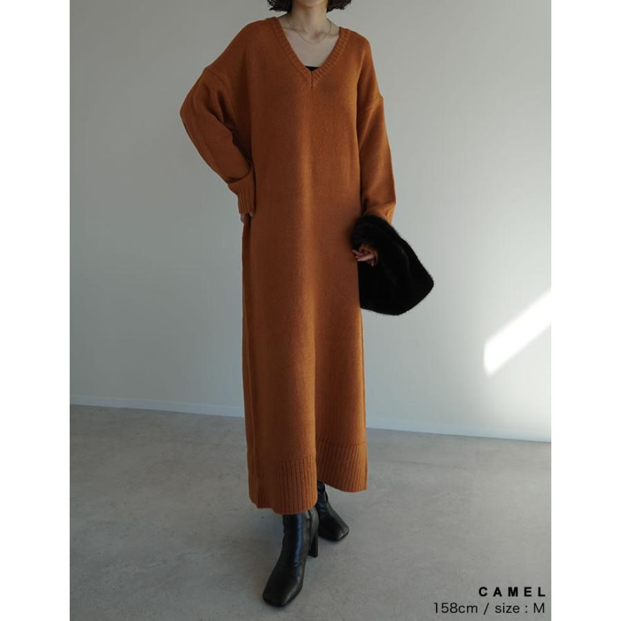 ワンピース ニット 長袖 レディース 5色 低身長 ロング Vネック 体型カバー 洗える 新色追加 2025秋冬 | Re:EDIT | 13