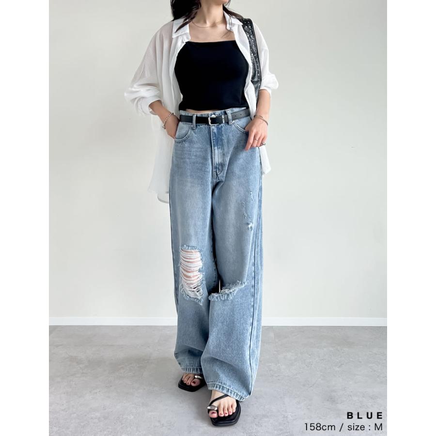 デニム レディース パンツ ジーンズ 低身長 高身長 ダメージ フリンジ ワイド ポケット付き ベルトループ付き 春夏 | Re:EDIT | 14