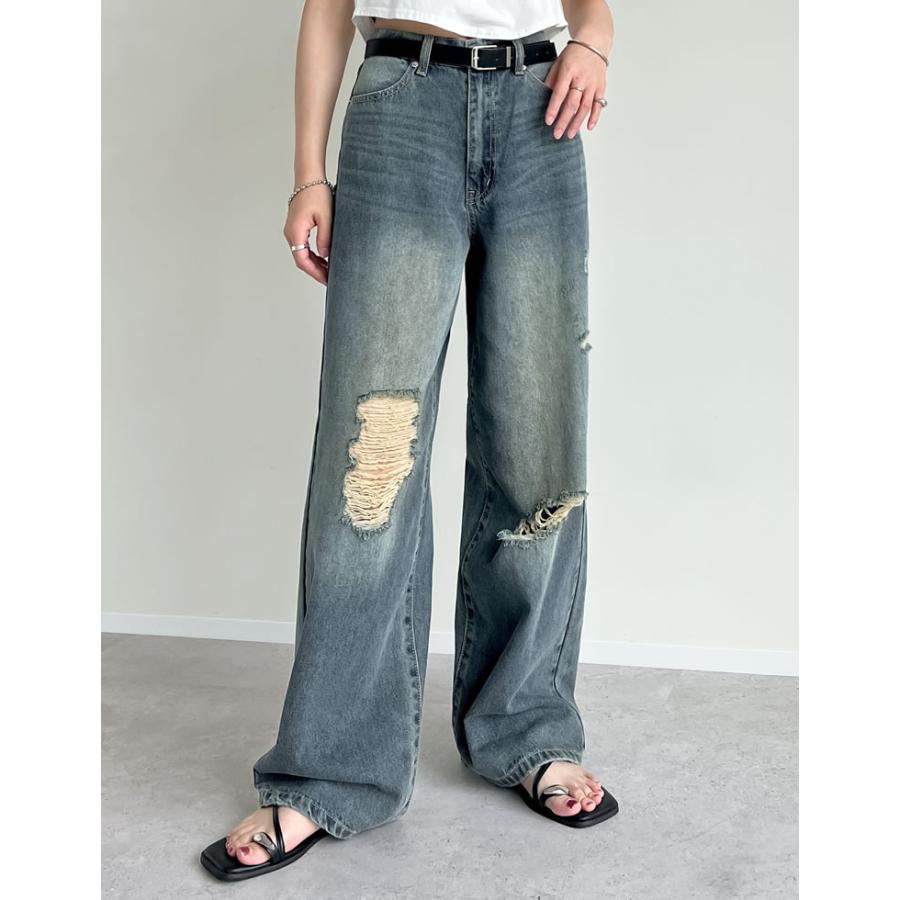 デニム レディース パンツ ジーンズ 低身長 高身長 ダメージ フリンジ ワイド ポケット付き ベルトループ付き 春夏 | Re:EDIT | 17