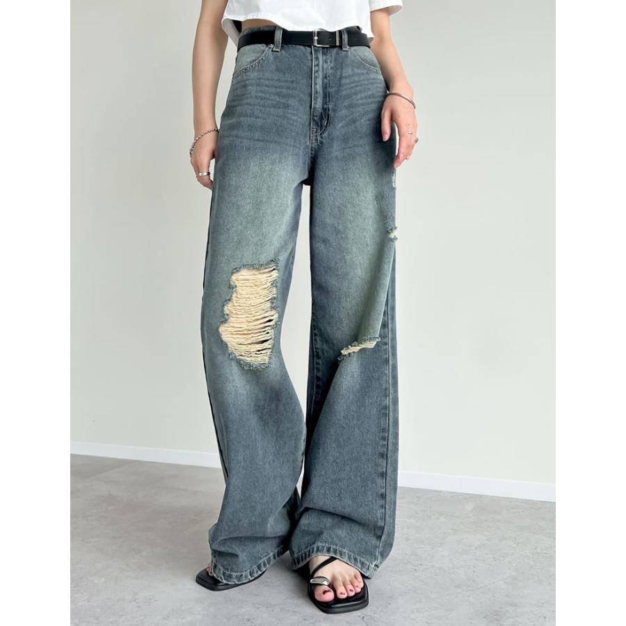 デニム レディース パンツ ジーンズ 低身長 高身長 ダメージ フリンジ ワイド ポケット付き ベルトループ付き 春夏 | Re:EDIT | 18