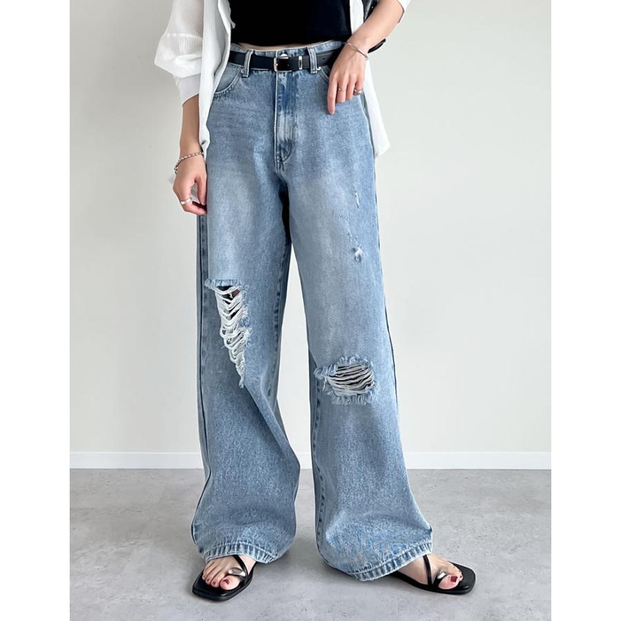 デニム レディース パンツ ジーンズ 低身長 高身長 ダメージ フリンジ ワイド ポケット付き ベルトループ付き 春夏 | Re:EDIT | 06