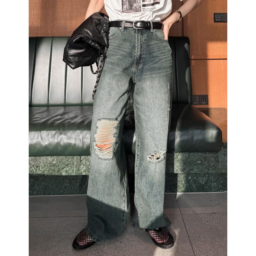デニム レディース パンツ ジーンズ 低身長 高身長 ダメージ フリンジ ワイド ポケット付き ベルトループ付き 春夏 | Re:EDIT | 08