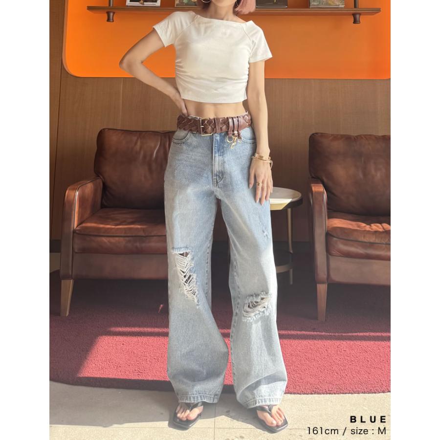 デニム レディース パンツ ジーンズ 低身長 高身長 ダメージ フリンジ ワイド ポケット付き ベルトループ付き 春夏 | Re:EDIT | 11