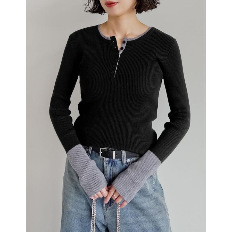 トップス セーター 長袖 レディース ニット リブニット プルオーバー 丸首 配色 バイカラー レイヤード 重ね着 指穴 2025秋冬 | Re:EDIT | 06