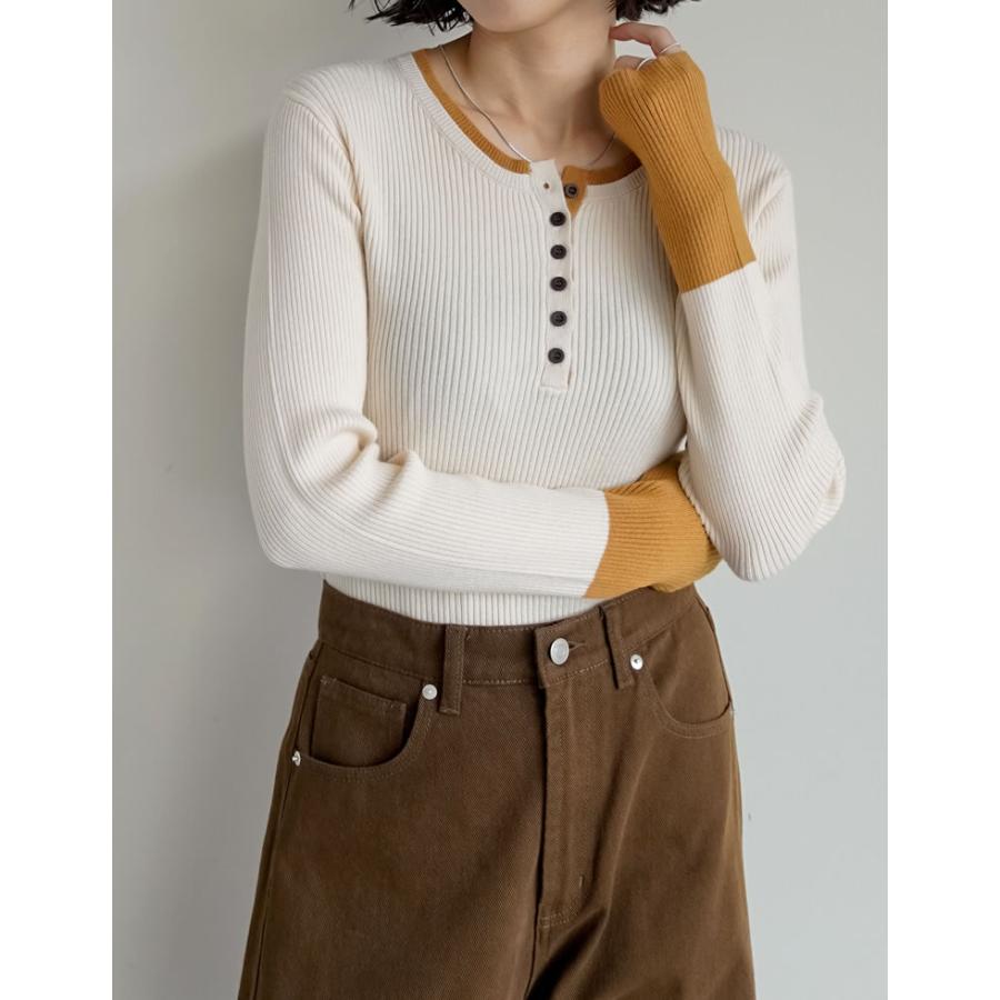 トップス セーター 長袖 レディース ニット リブニット プルオーバー 丸首 配色 バイカラー レイヤード 重ね着 指穴 2025秋冬 | Re:EDIT | 07
