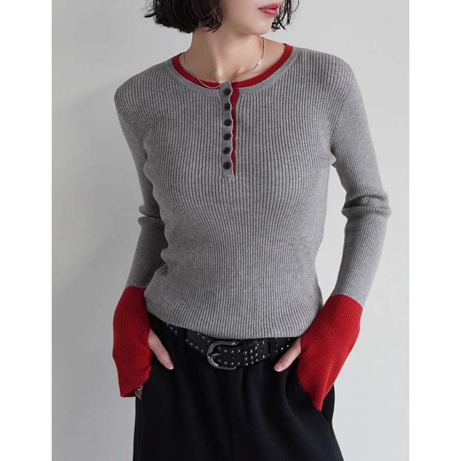 トップス セーター 長袖 レディース ニット リブニット プルオーバー 丸首 配色 バイカラー レイヤード 重ね着 指穴 2025秋冬 | Re:EDIT | 08