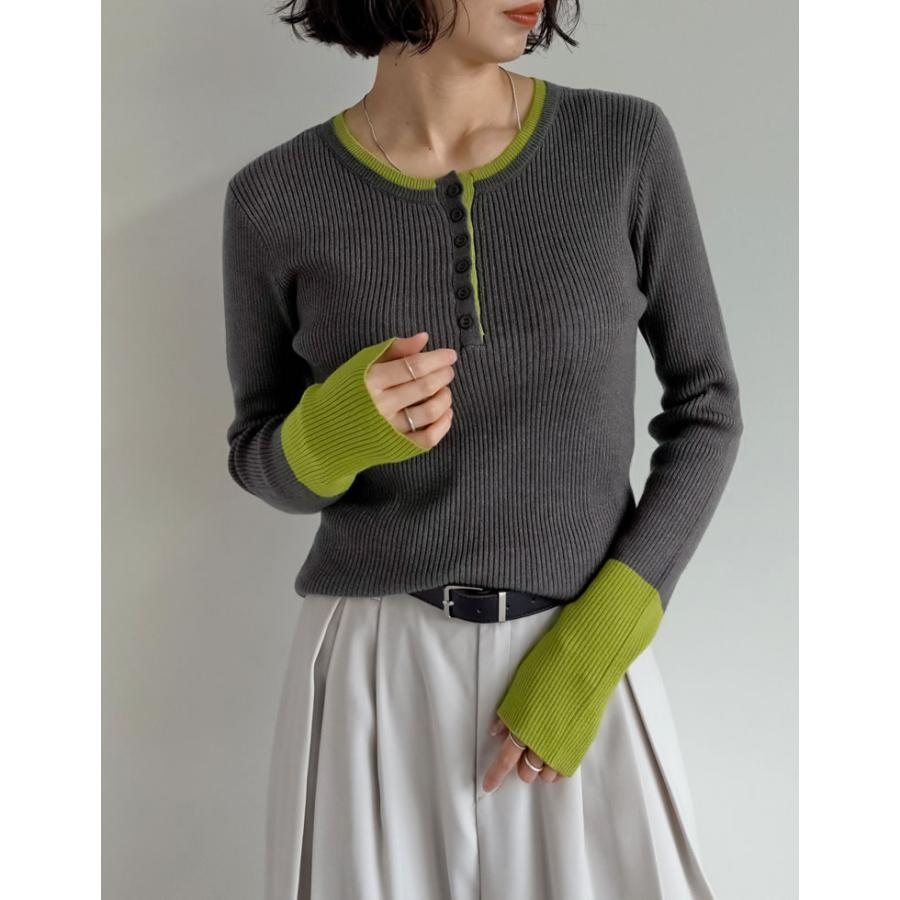 トップス セーター 長袖 レディース ニット リブニット プルオーバー 丸首 配色 バイカラー レイヤード 重ね着 指穴 2025秋冬 | Re:EDIT | 09